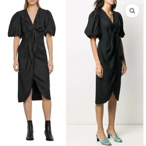 Sandro Black Midi Dress with Puff Sleeves